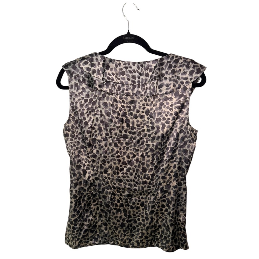 Ann Taylor Leopard Print Ruffle Silk Blend Mobwife Old Money Grey Black M - Picture 5 of 8